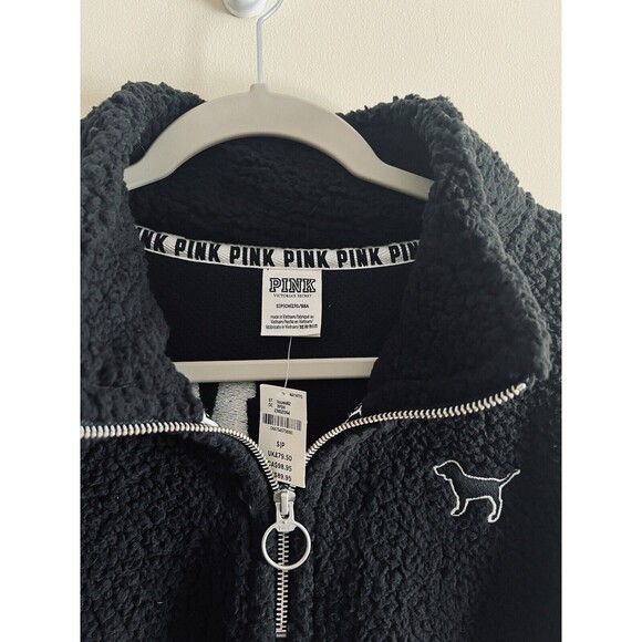 Victoria’s Secret PINK Small Black 1/4 Zip Pullover Sherpa Fleece Dog Logo NWT - Picture 3 of 4